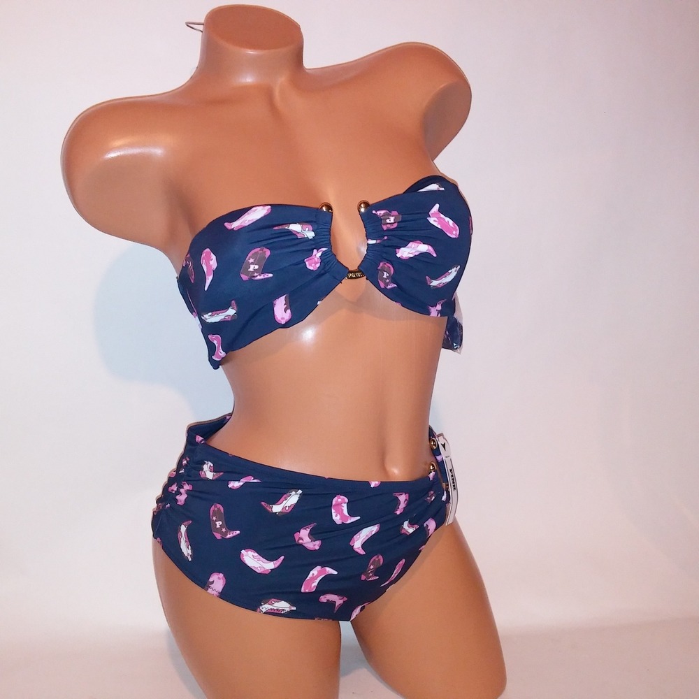 Victoria Secret PINK Swim Bikini Medium Top & Bottom Navy Blue Pink Rodeo New